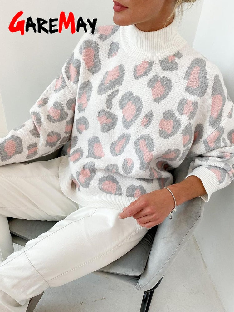 Winter Women's Sweater 2022 Leopard Print Animal Basic White Turtleneck Oversize Jumper Vintage Warm Knitted Sweaters for Women