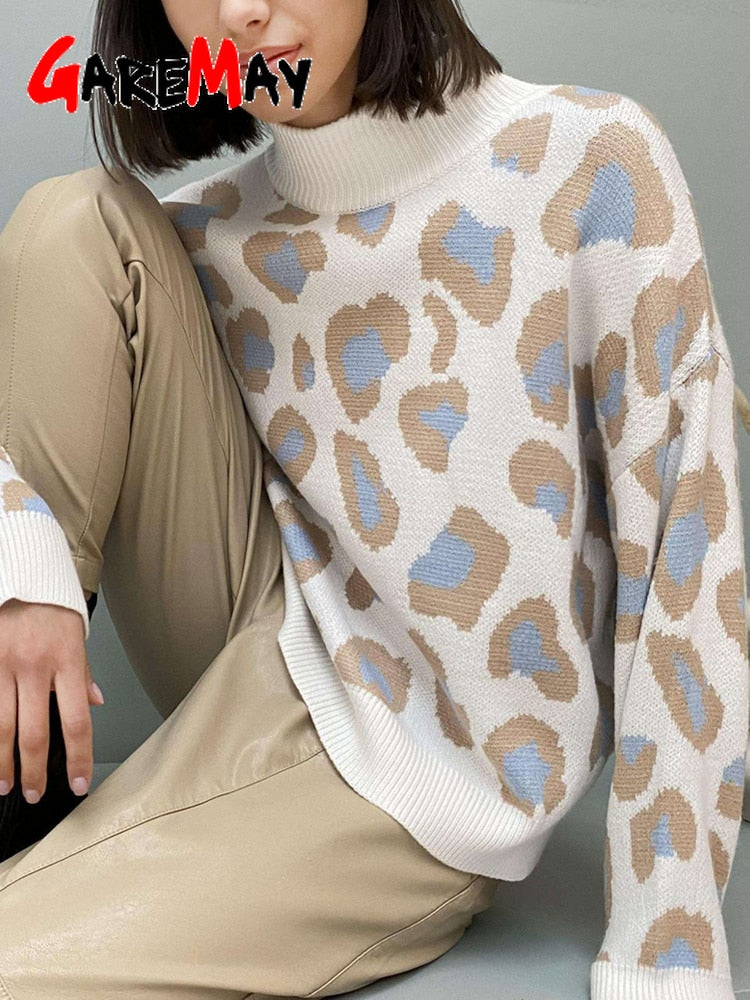 Winter Women's Sweater 2022 Leopard Print Animal Basic White Turtleneck Oversize Jumper Vintage Warm Knitted Sweaters for Women