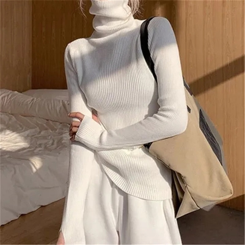 Women heaps collar Turtleneck Sweaters Autumn Winter Slim Pullover Women Basic Tops Casual Soft Knit Sweater Soft Warm Jumper